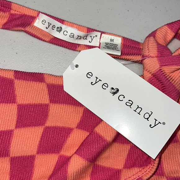 NEW Eye Candy Pink Checkered Strappy Open Back Crop Tank Top Women’s Size Medium - Picture 2 of 6